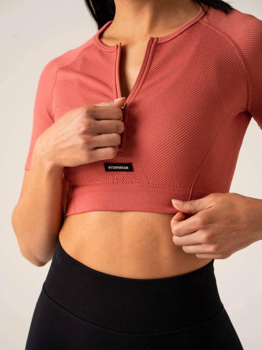 ruházat Ryderwear áramköri bordás varrat nélküli póló poros vörös nők B48F826